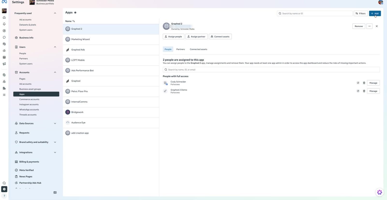 Business Settings Apps page with the Add button in the top right