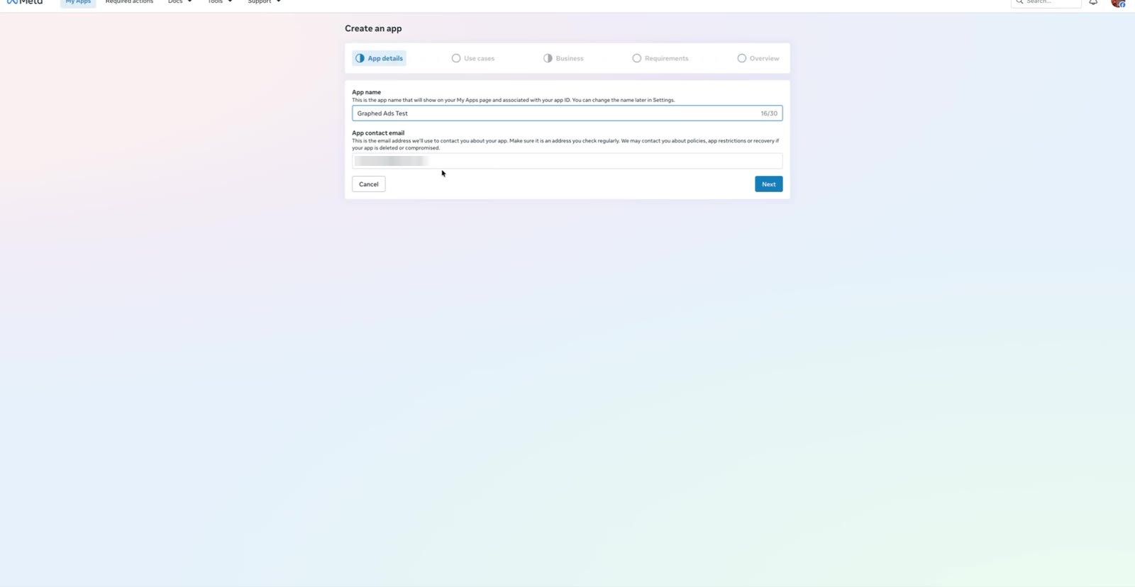 Create an app screen with the app name and contact email fields