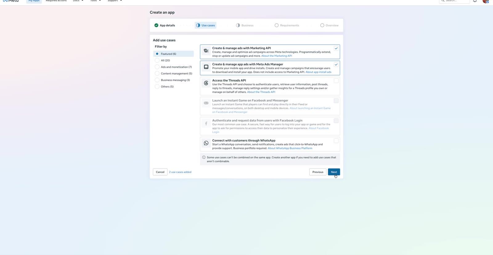 Use cases screen with only the two ads use cases selected