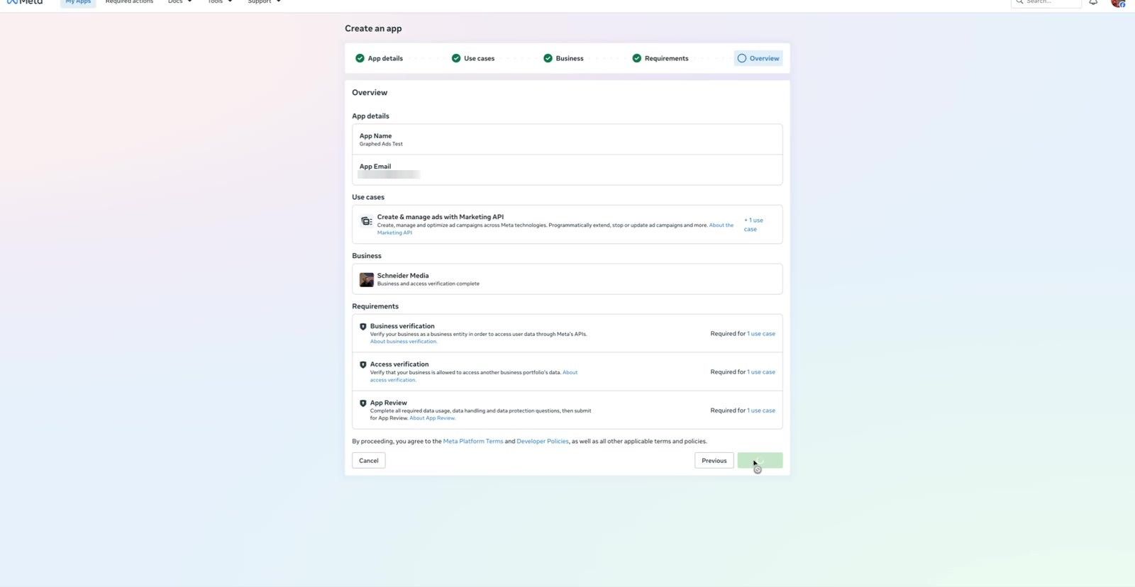 App overview screen before clicking Create app