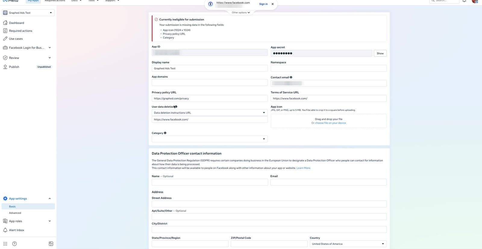 App settings Basic page with the Privacy policy URL field filled in