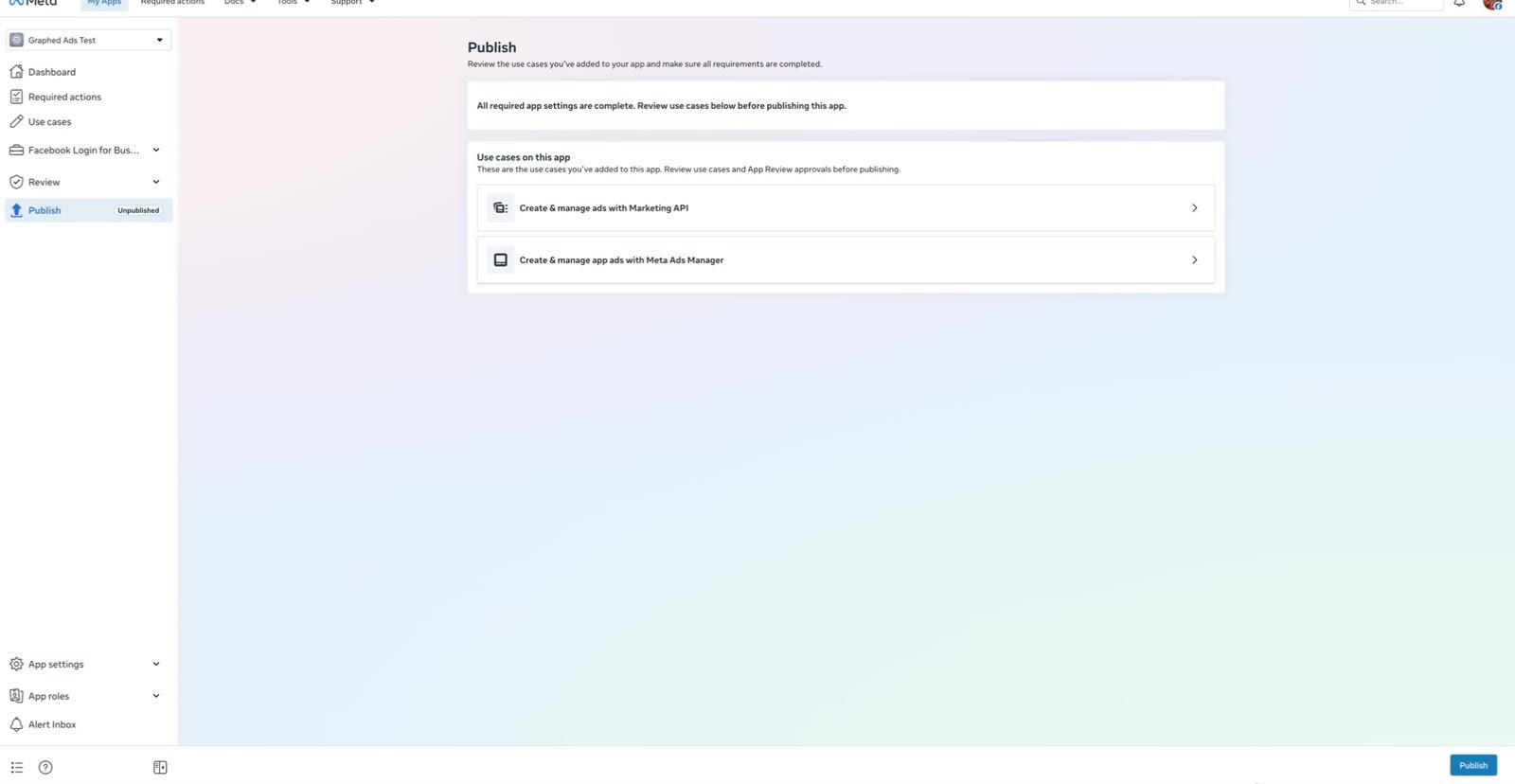 Publish page listing the two ads use cases with the Publish button