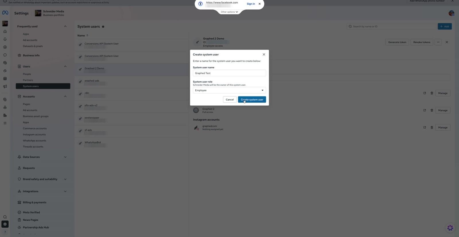 Create system user dialog with the role set to Employee