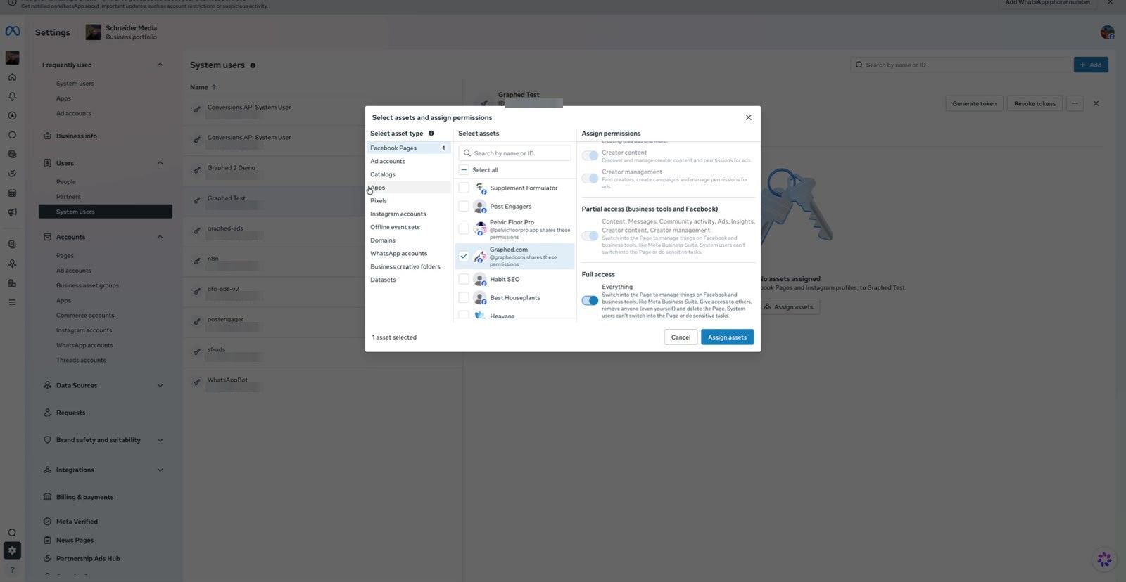Assigning the Facebook Page with Full access