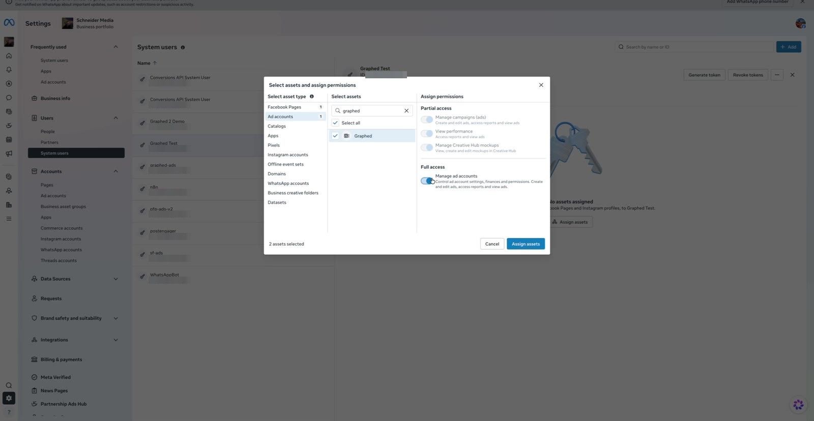 Assigning the ad account with Full access