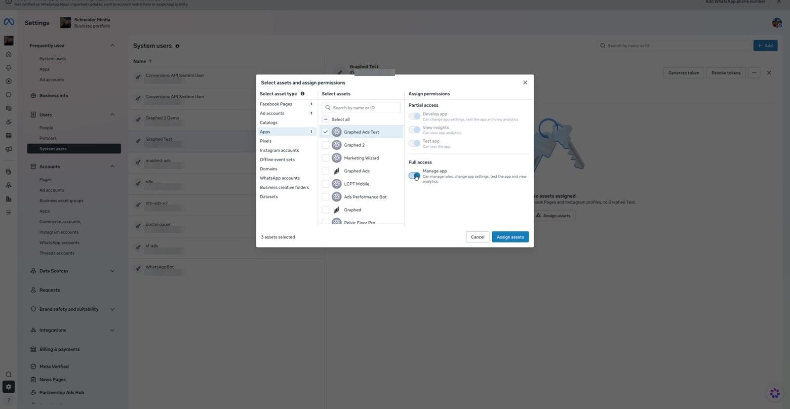 Assigning the developer app with Manage app turned on