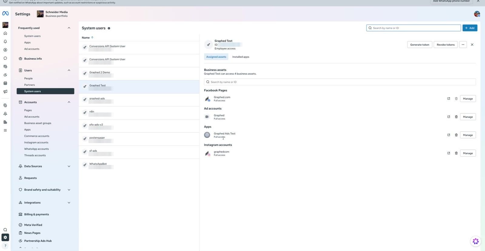 System user with the Page, ad account, app, and Instagram account assigned