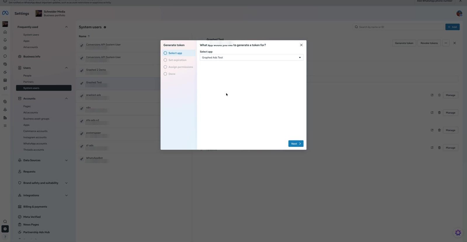 Generate token dialog with the new developer app selected