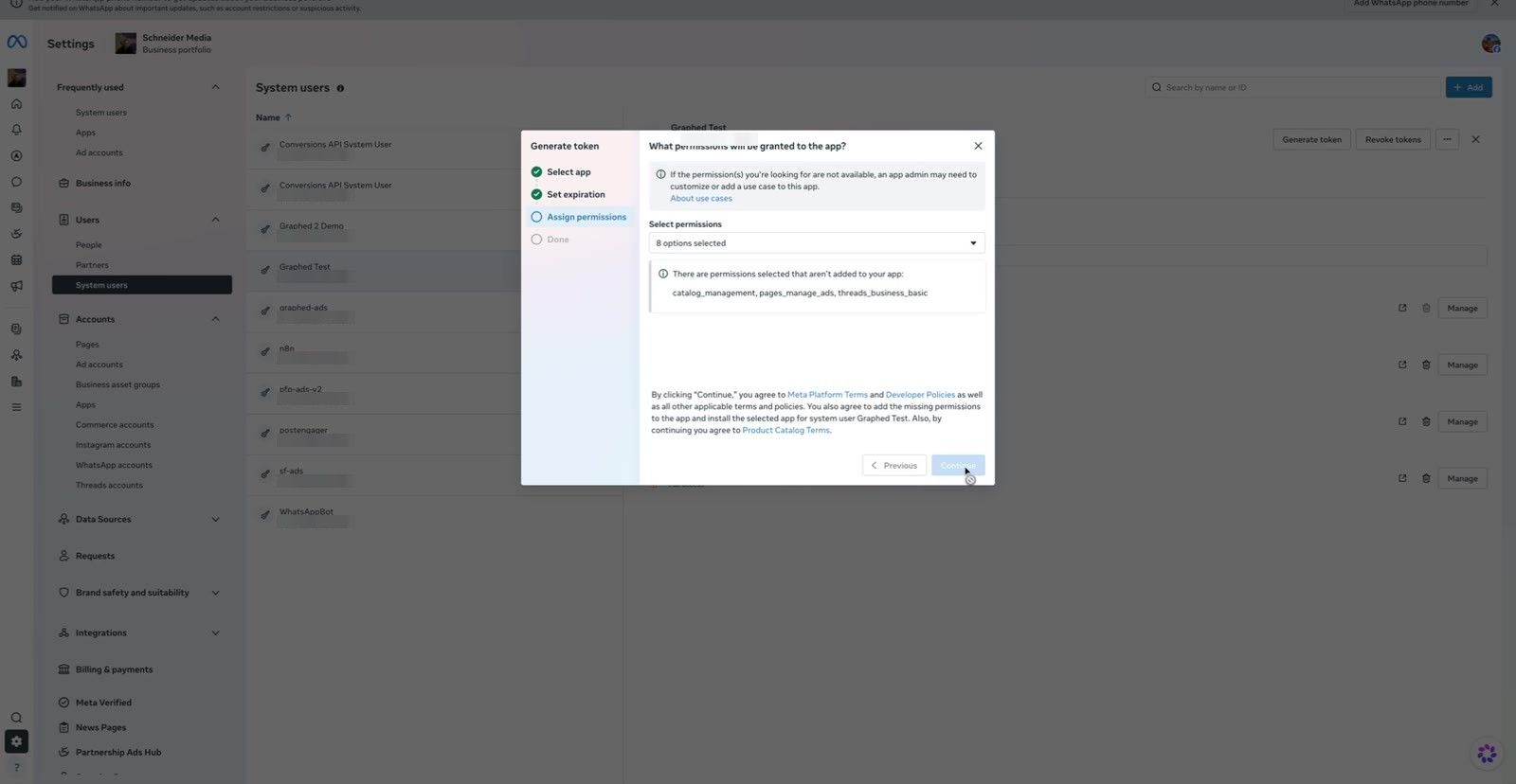 Token permissions step with 8 permissions selected