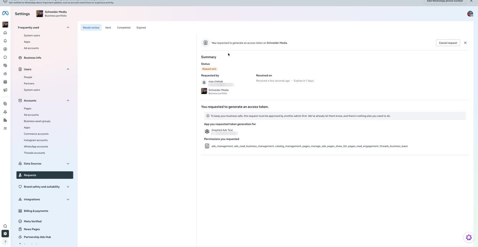 Token request waiting for a second admin to approve